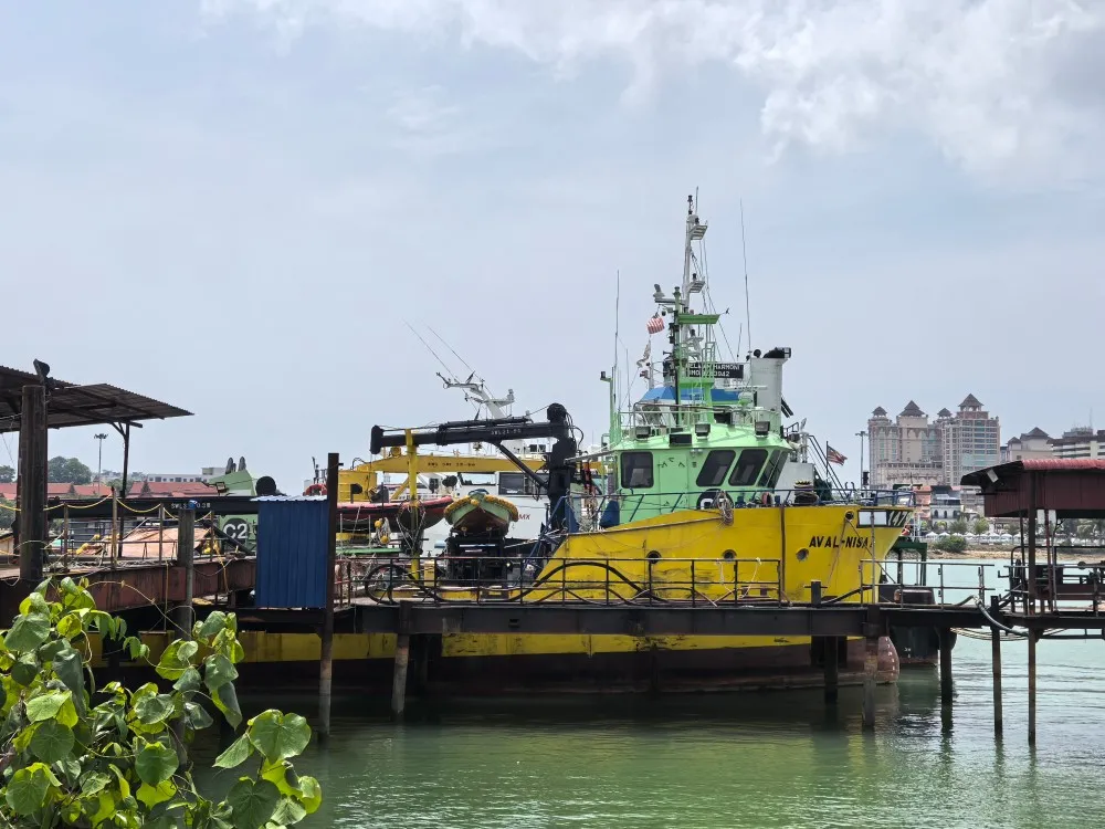 Offshore support vessel docked at MSET shipyard in Pulau Duyong