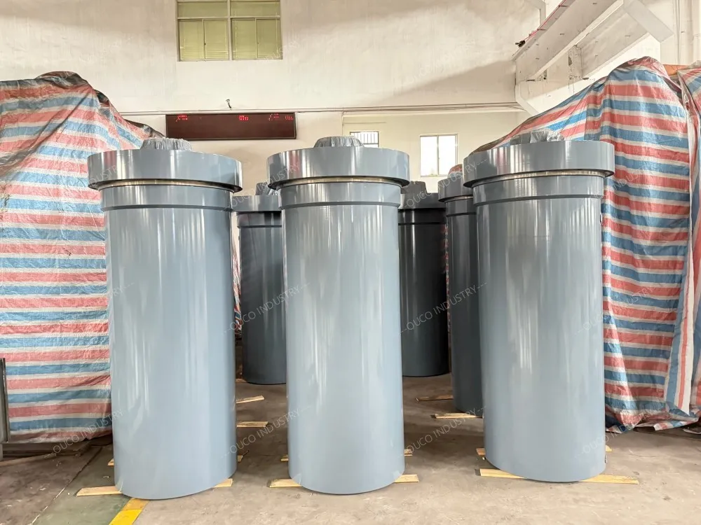 Vertical storage of large-scale hydraulic cylinders.