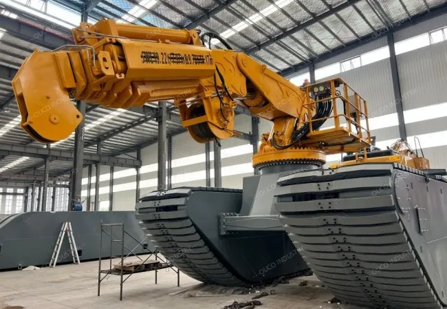Custom foldable crane mounted on an amphibious tracked pontoon for coastal dredging