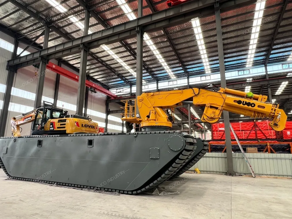 crane mounted on amphibious pontoon platform